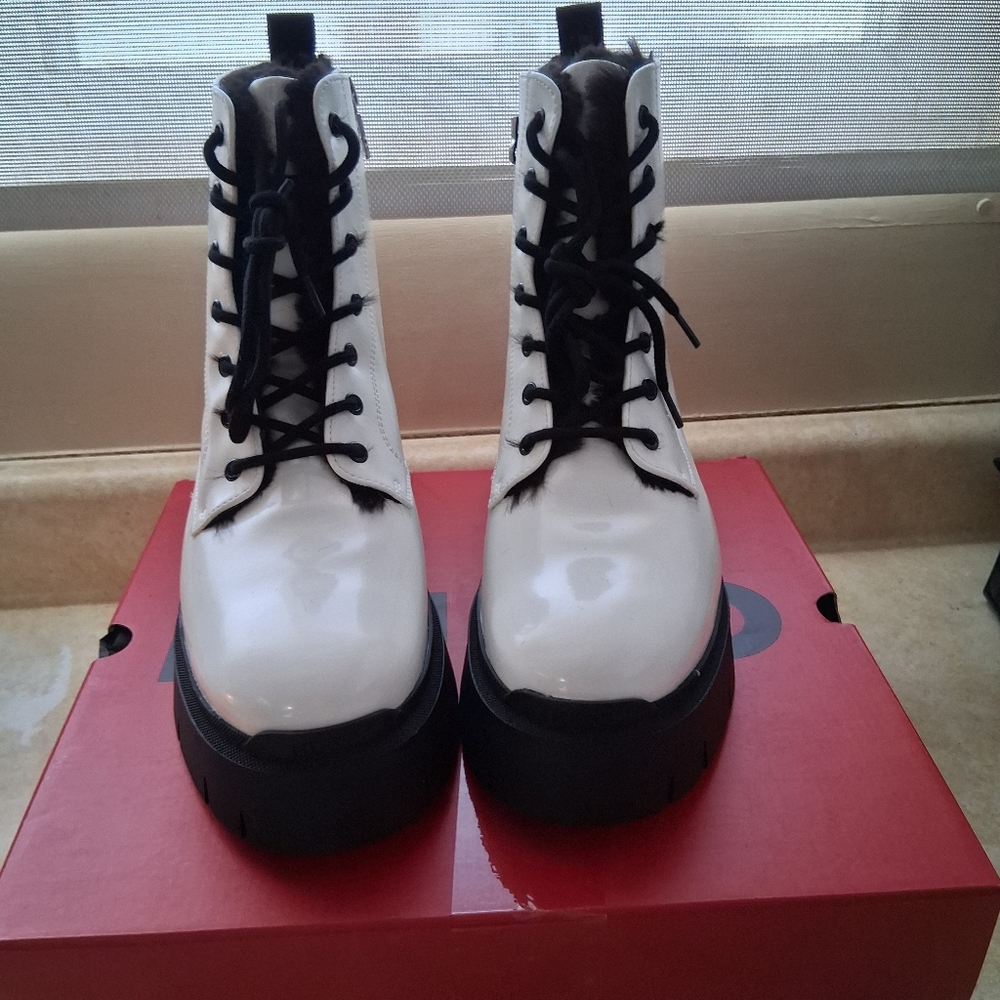 Hugo Boss Kris Faux Leather Glossy Lace Up Combat Platform Boots